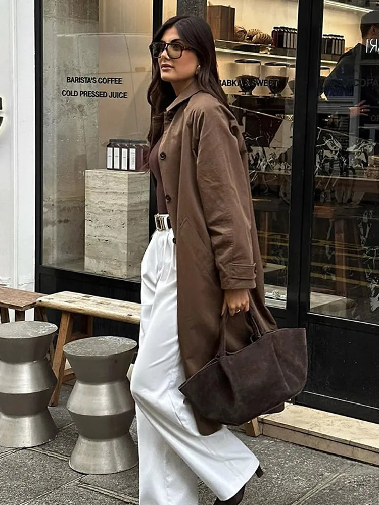 Retro Brown Lapel Long Sleeve Trench Coat Women Elegant Fashion Solid Color High Street Overcoat 2024 Lady Commute Outerwear 241224