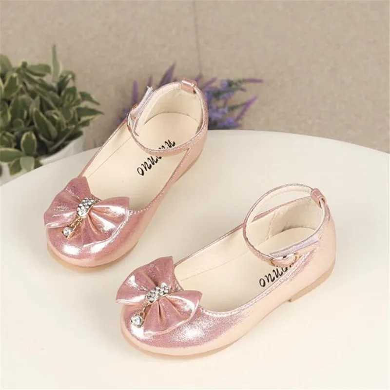 New Girl Childrens Wedding Shoes Bow Sweet Crystal Childrens Leather Apartment Childrens Shoes 21-30 M250103