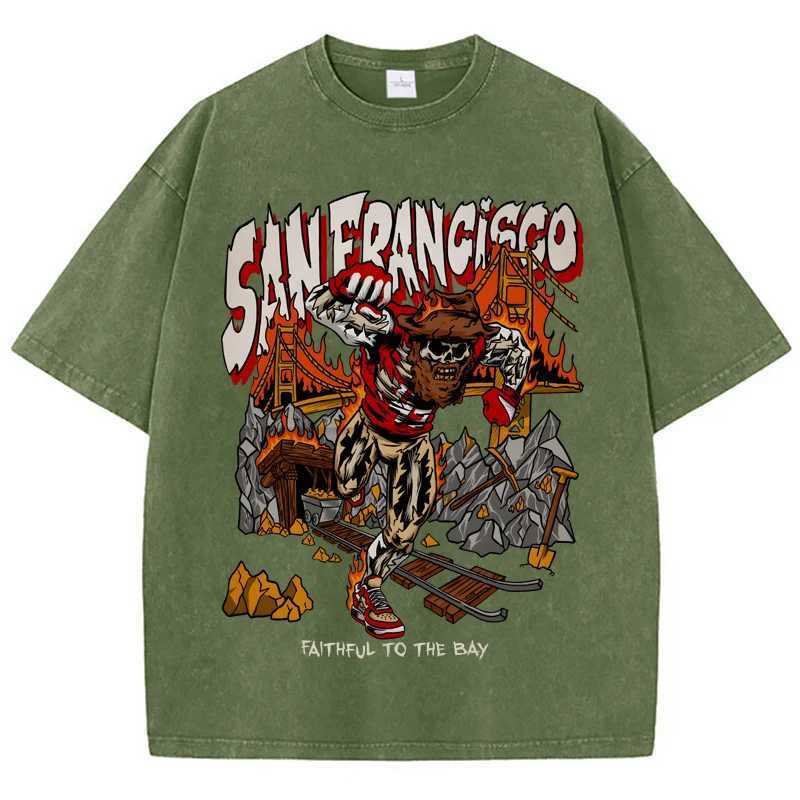 American Washed retro and worn out T-Shirt for men Women Loose Oversized Clothes San Francisco Skeleton Miner Graphic StreetwearXJ240102