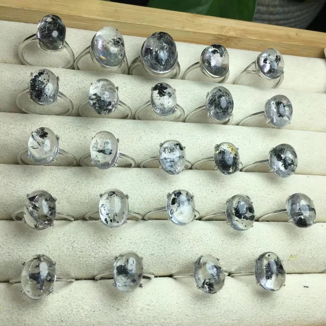 1 piece of Fengbaowu natural Herkimer diamond ring oval Cabochon 925 sterling silver crystal therapeutic stone jewelry 250102