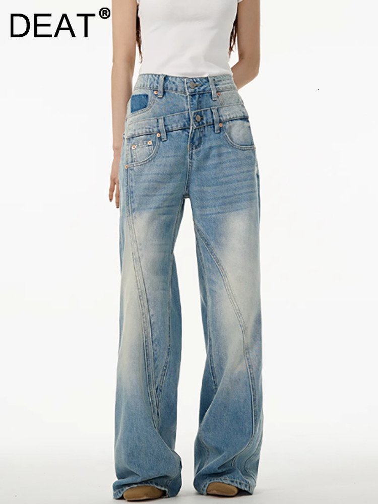DEAT Fashion Women's Deconstruct Jeans Double Waistband Pockets Spliced Or Straight Denim Pants Spring 2025 New Tide 7Ab6968