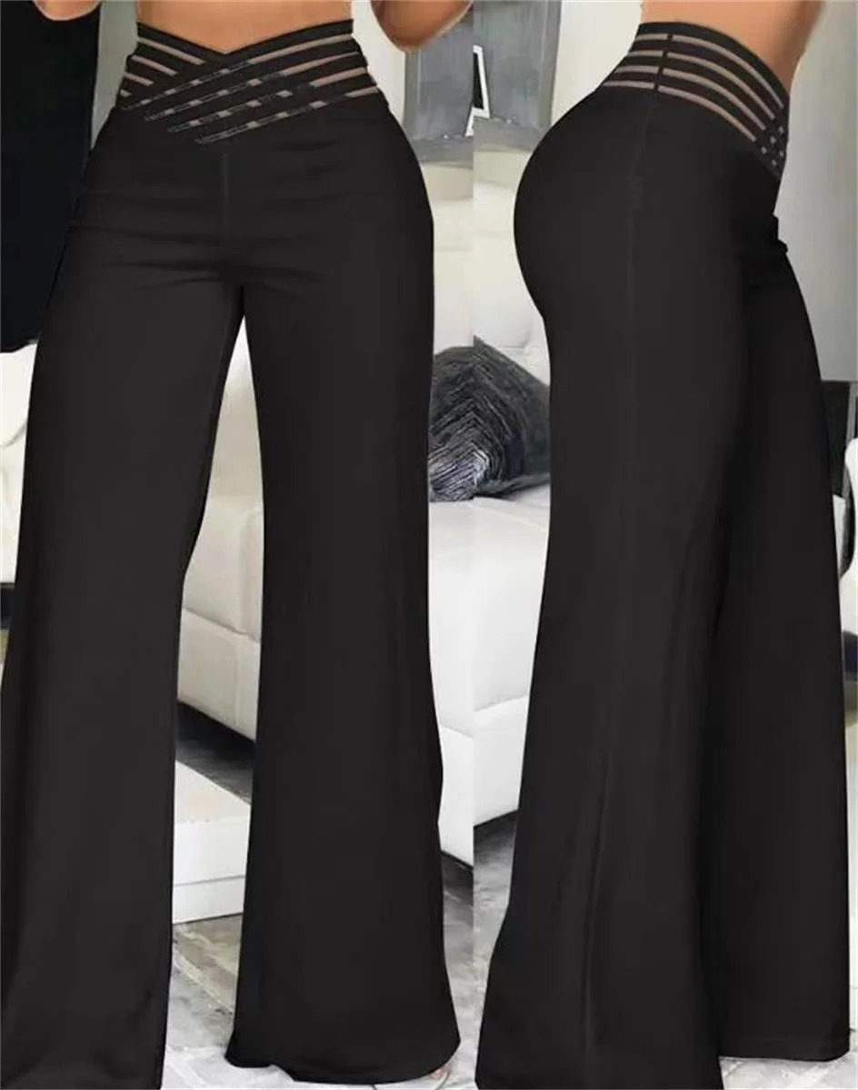 Elegant high waisted Flared womens pants for office casual Crisscross transparent mesh patch casual Trouser womens Y2K clothing 250102