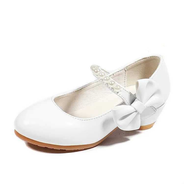 Childrens shoes pearl white girl leather shoes white bow spring and autumn childrens high heels princess performance shoes M250103
