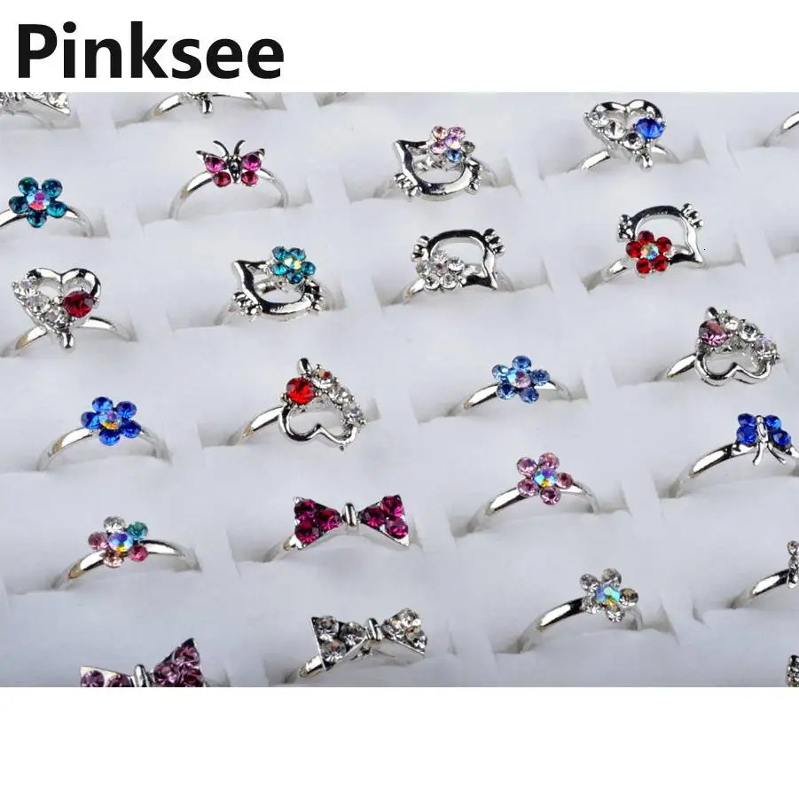Mixed batch of 60 silver plated childrens rings with combination crystal rings childrens party small size adjustable heart-shaped rings wholesale 2501