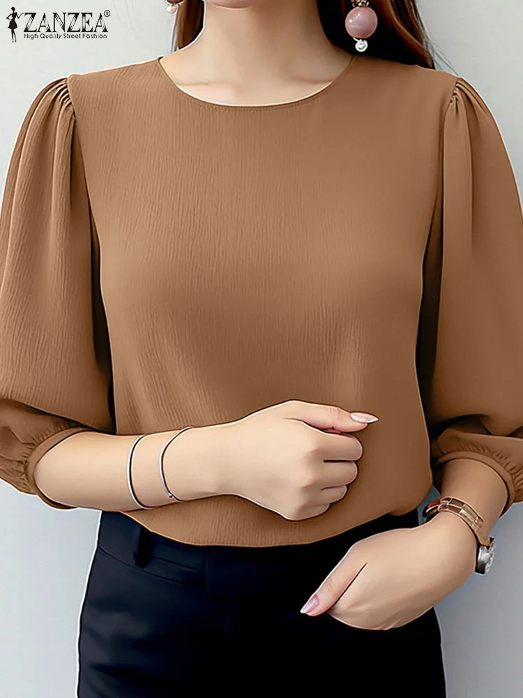ZANZEA Elegant Womens Puff Sleeve Top Summer 3/4 Sleeve O-Neck Texture Blue Fashion Solid Color Tuned Top 250102