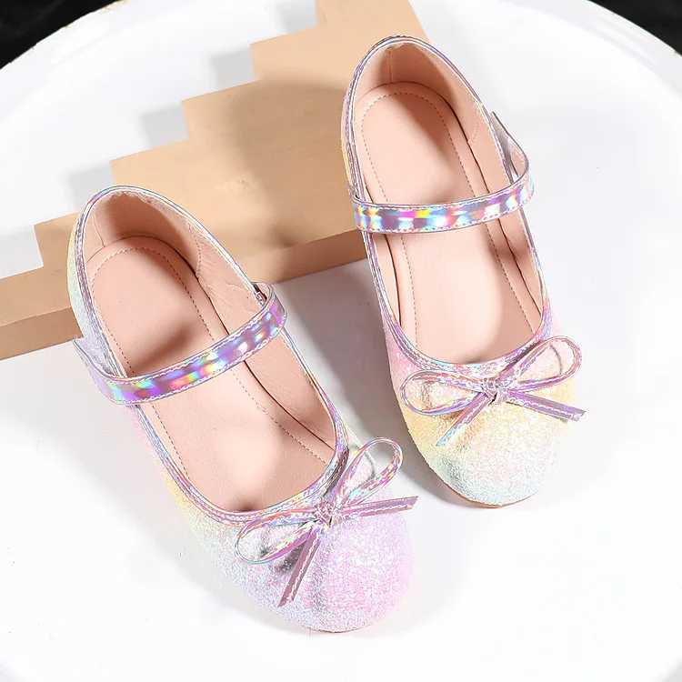 Princess Wedding Shoes Autumn New Rainbow Bow Childrens Soft Sole Leather Shoes Sparkling Girls Dance Party Shoes Childrens Apartment M250103