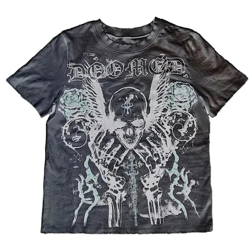 Retro skull large pattern short sleeved T-shirt street dark punk Y2k 90s Harajuku round neck oversized loose top 250102