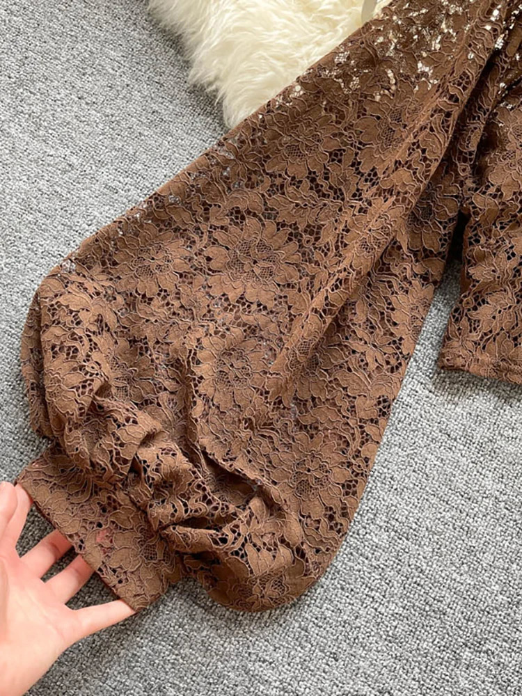 Autumn Black/White/Brown Sexy Lace Shirt Womens Elegant V-neck Puff Long Sleeve Open Short Top Womens Party Blusas 250102