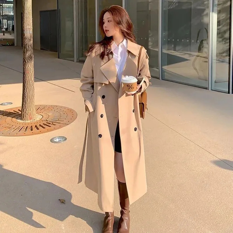 Streetwear Loose Trench Coat Midi Length Fashion Korean Elegant Khaki Black Womens Windbreaker Coat Casual Double Breasted Tops 241224