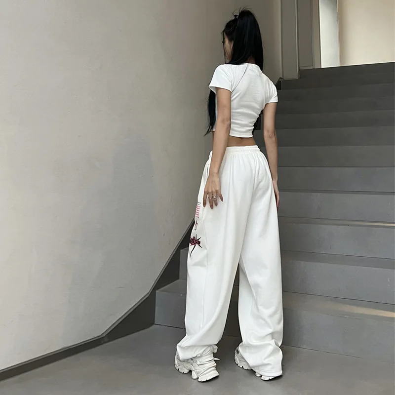 Y2K streetwear white track pants womens Harajuku hippie wide leg sports pants oversized fast drying printing runners Trouser 250102