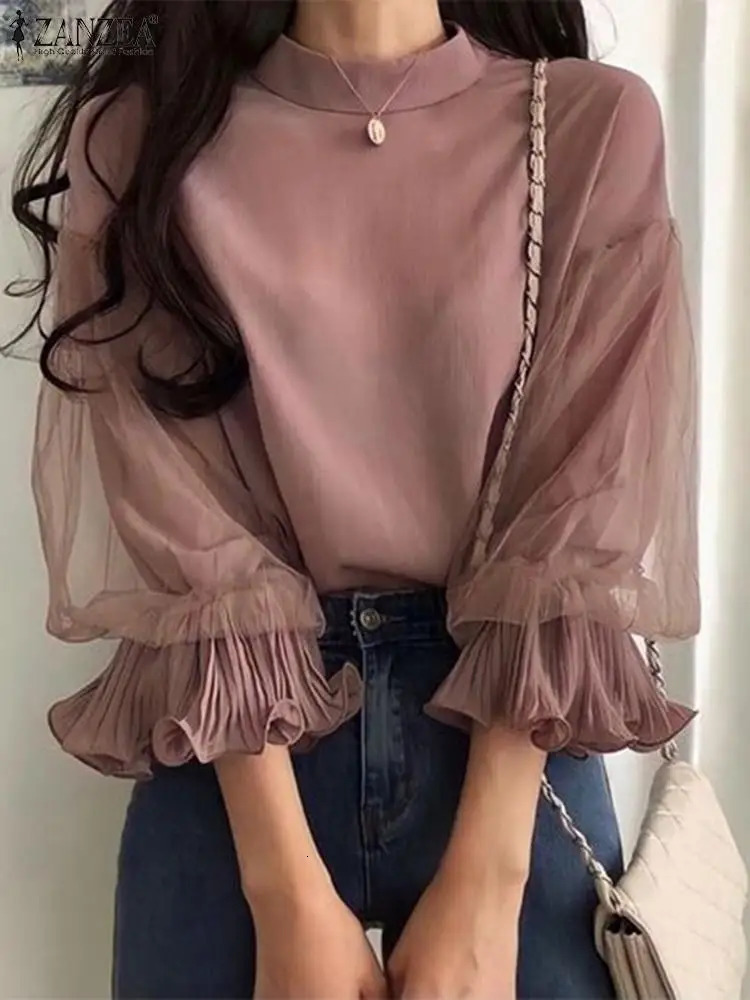 ZANZEA Womens Elegant Party Shirt Fashion Grid Ruffle 3/4 Sleeve Top Autumn er Stand up Collar Shirt Korean Loose Tune 250102