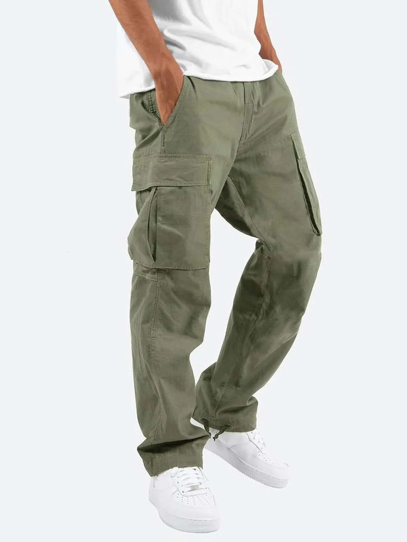 Cargo Pants Trousers for Men Full Length Solid Color Loose Multi-pocket Drawstring Pockets Pants Male Cargo Pants 3XL 250102