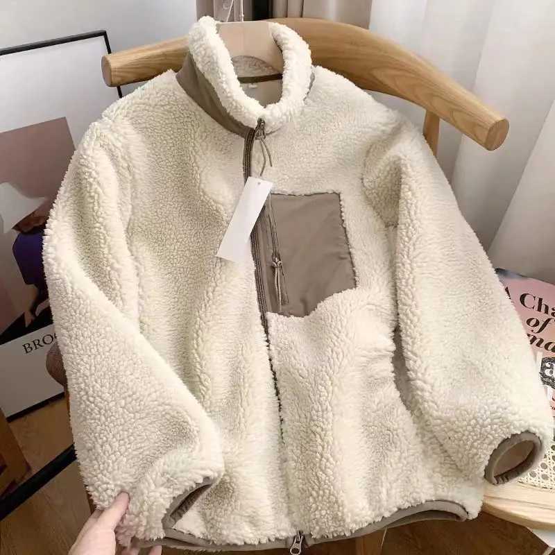 Fashion cashmere jacket womens autumn new item pocket zipper long sleeved loose stand collar comfortable warm jacket M250103