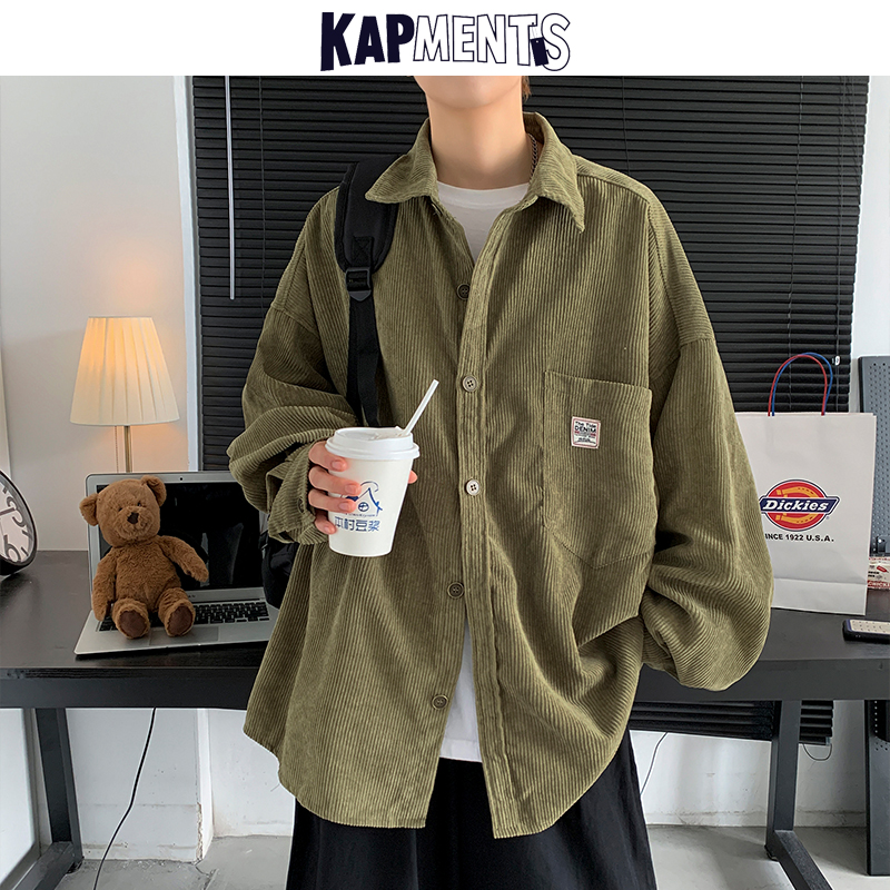 KAPMENTS Men Vintage Black Corduroy Shirts 2023 Mens Autumn Harajuku Korean Fashion Shirts Man Oversized Streetwear Casual Shirt
