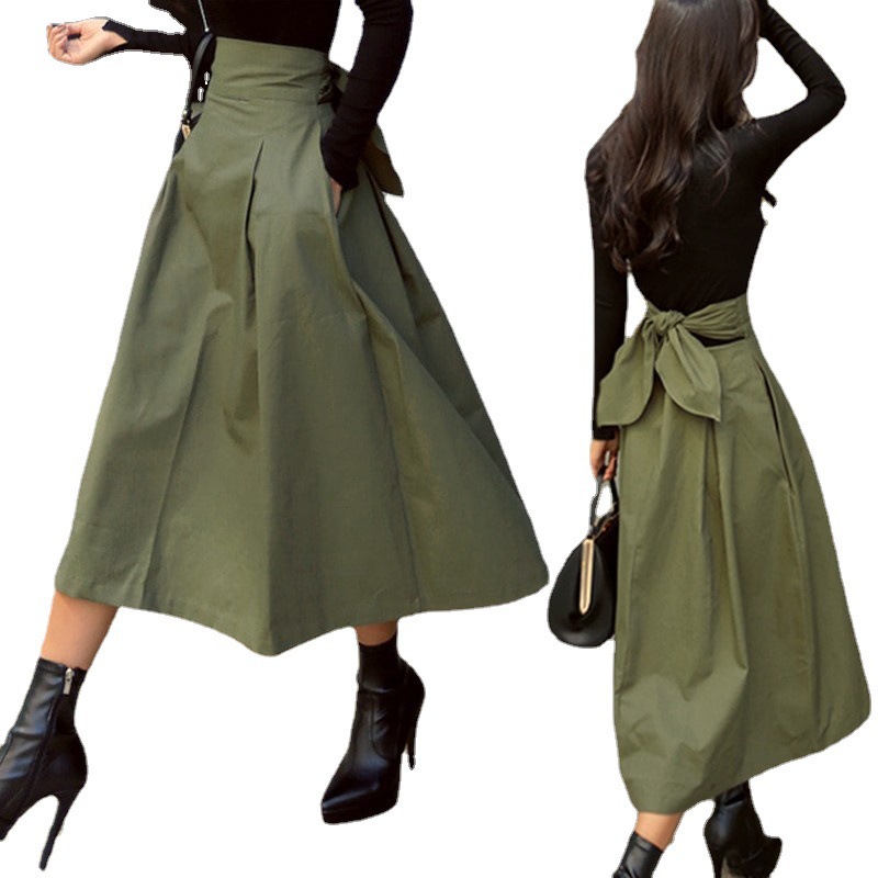 L2177 Spring and Autumn A-line skirt umbrella skirt super hot bow big swing skirt slim waist long skirt