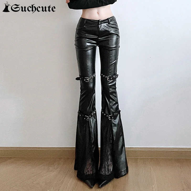 SUCHCUTE PU Leather Shining Pants Gothic Buckle Lace Patch Work Pants Womens Fashion Y2K Street Clothing Retro Aesthetics Leisure Trojan Horse 250102