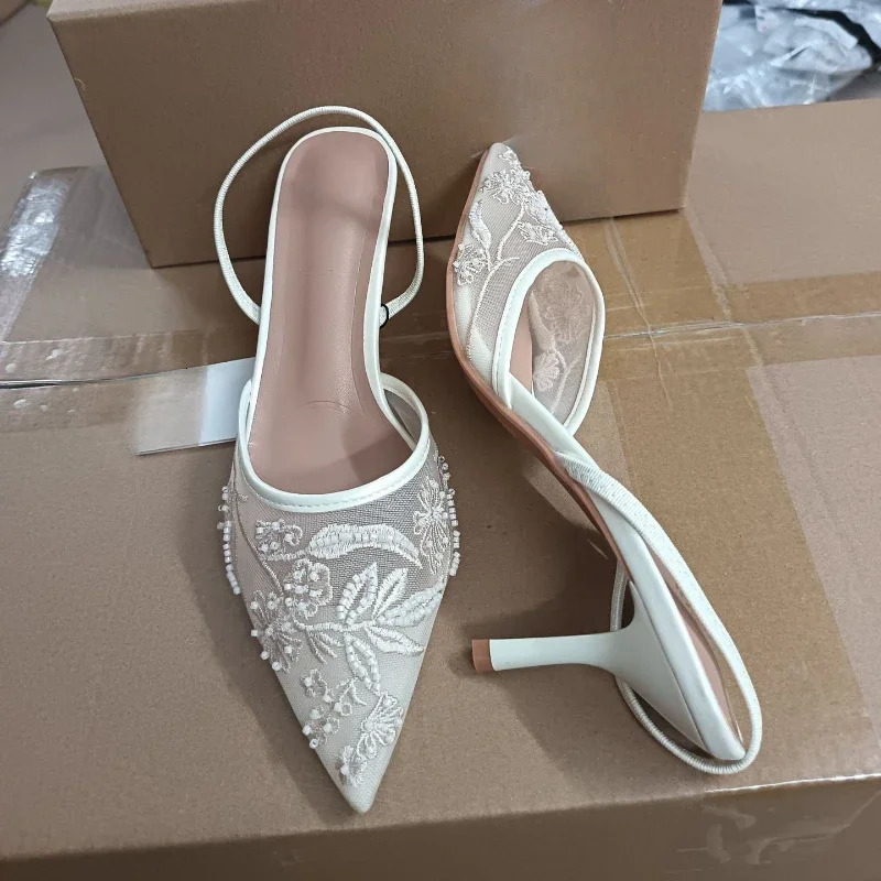 Design Mesh Embroidered wers Sandals Breathable 2025 Summer Sgback Pumps Women Sexy Pointed Toe Thin High Heels 250308