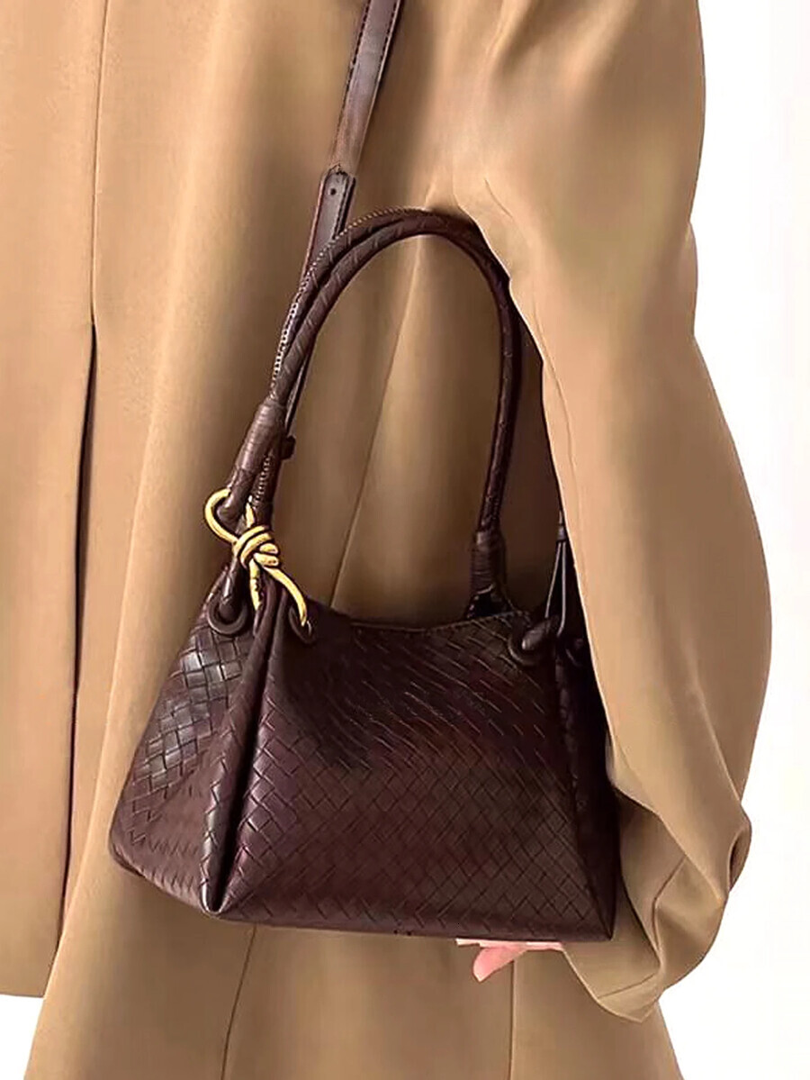 Women Elegant Classic Woven Emed Pattern PU Tote Handbag Small Square Bucket Adjustable Strap Shoulder Crossbody Bag