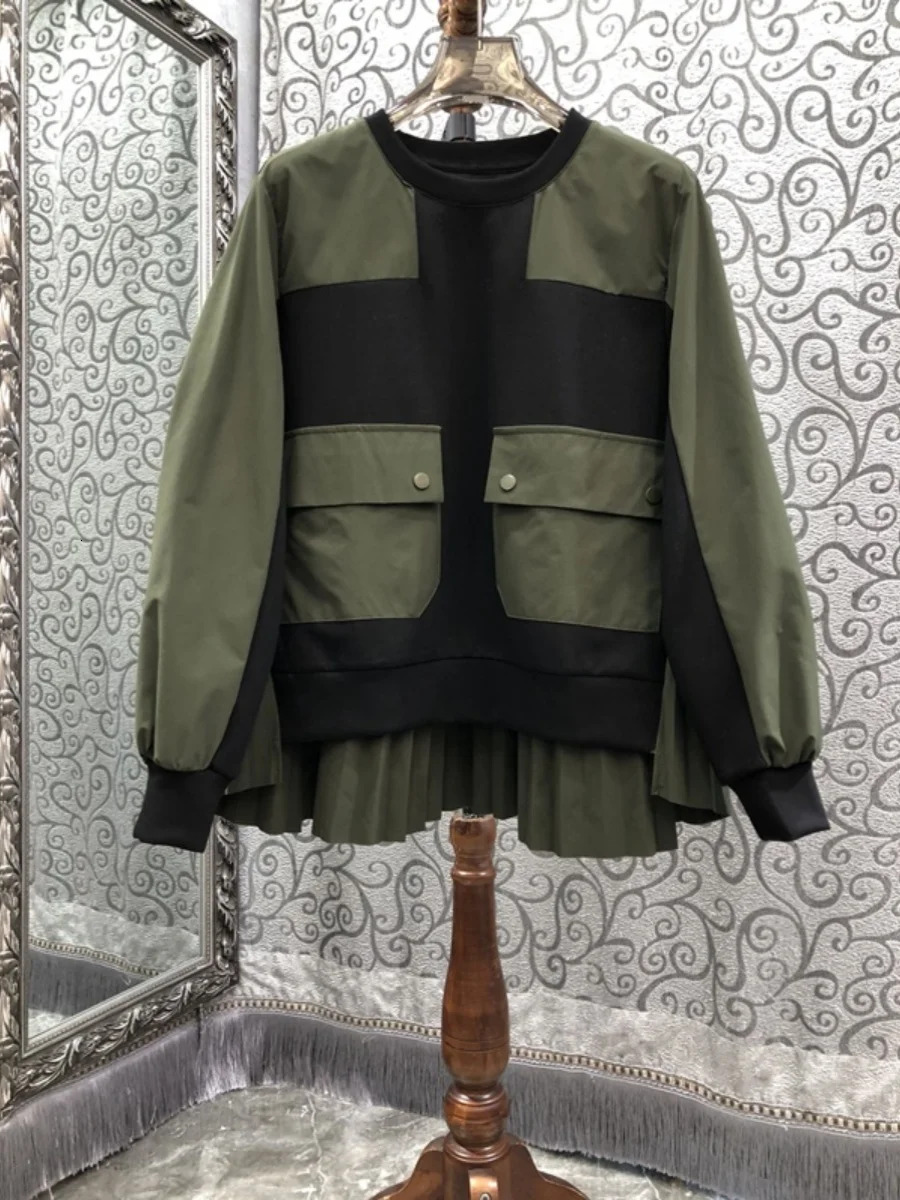 Nomikuma Irregular Contrasting Color Splicing Back Pleated Round Neck Sweatshirt For Women 2024 Autumn New Niche Top Hoodie