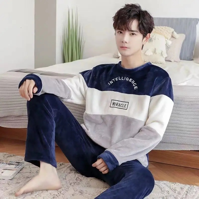 Winter Long Sleeve Thick Warm Flannel Pajama Sets for Men Coral Velvet Cute Cartoon Sleepwear Suit Pyjamas Homewear Clothes 250103