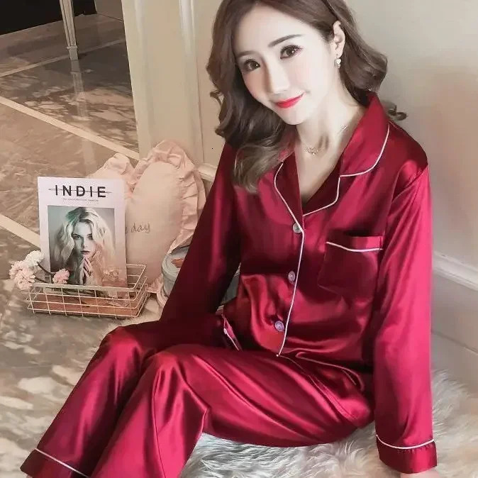 Women Silk Satin Pajamas Pyjamas Set Sleepwear Pijama Couple Suit Drop Sales Loungewear 250103