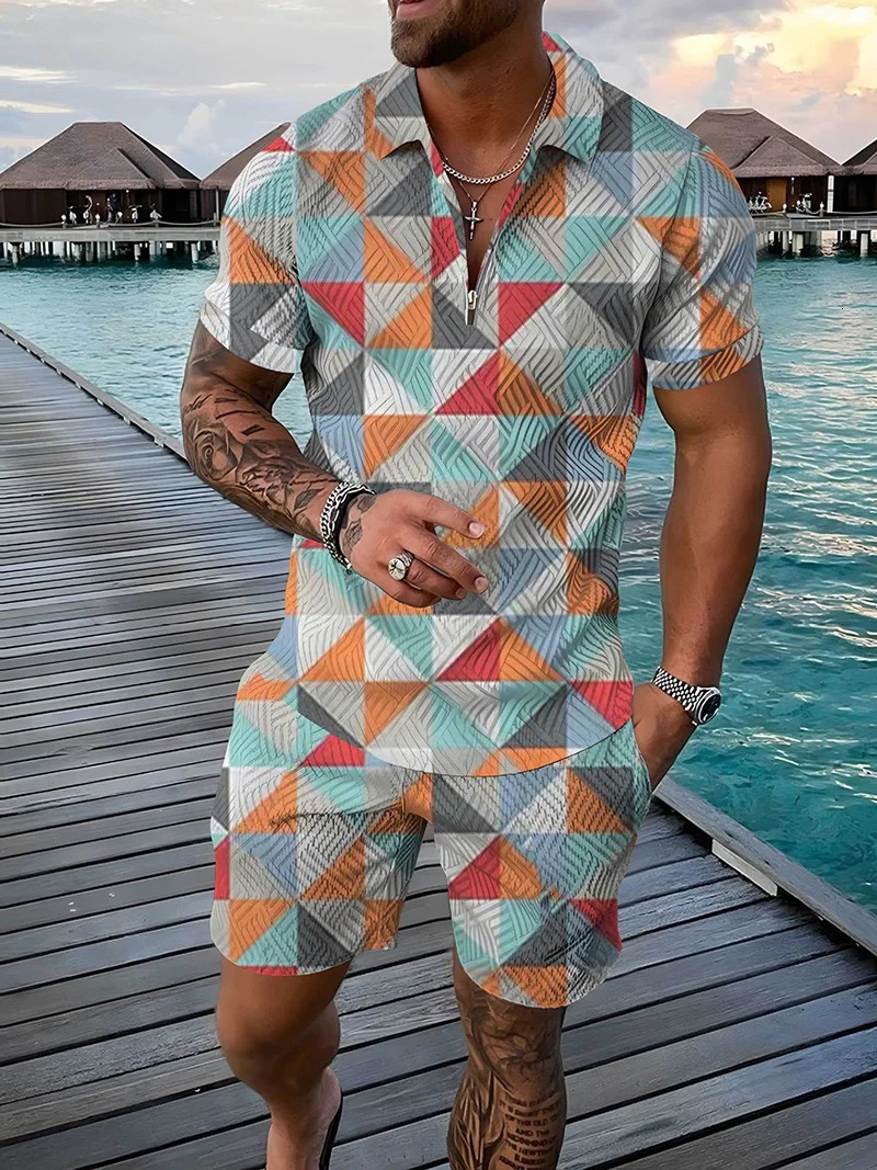 Summer Fashion Mens Sweatsuit set Colored Patches 3D Print Casual Zipper Polo Shirt Shorts 2pcs Sets Oversized Tracksuit Sets 250102