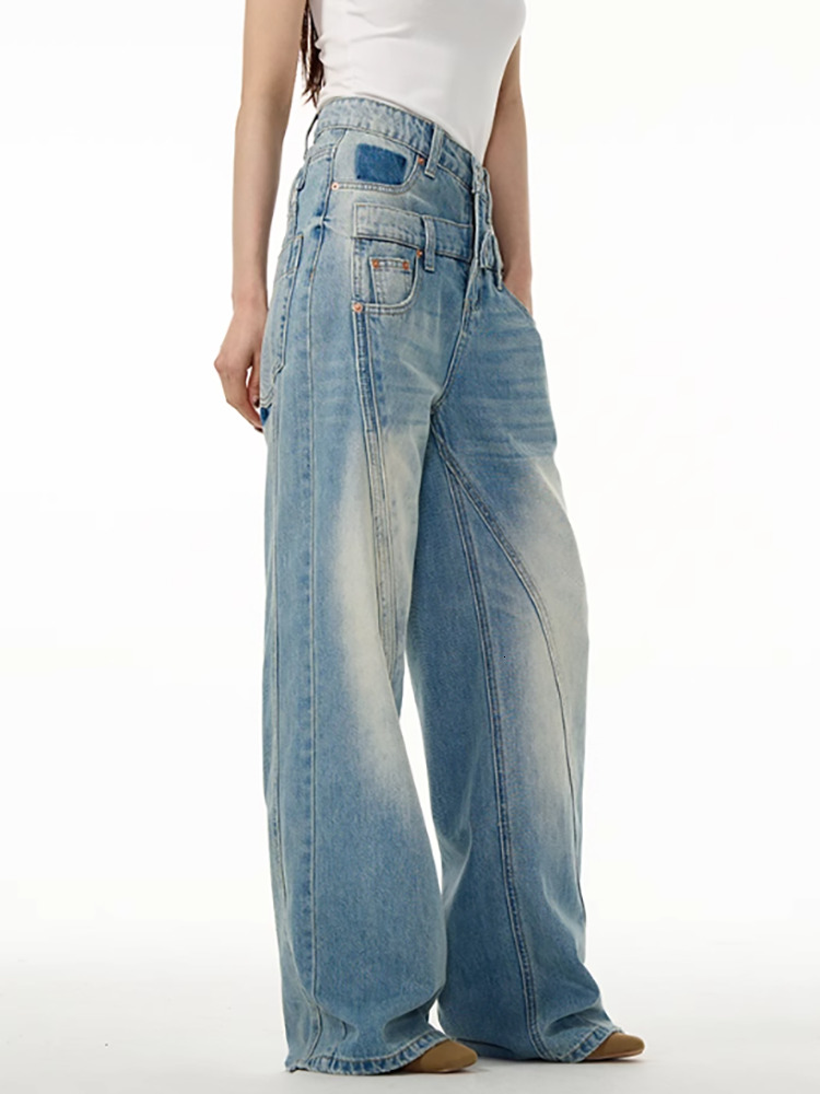 DEAT Fashion Women's Deconstruct Jeans Double Waistband Pockets Spliced Or Straight Denim Pants Spring 2025 New Tide 7Ab6968