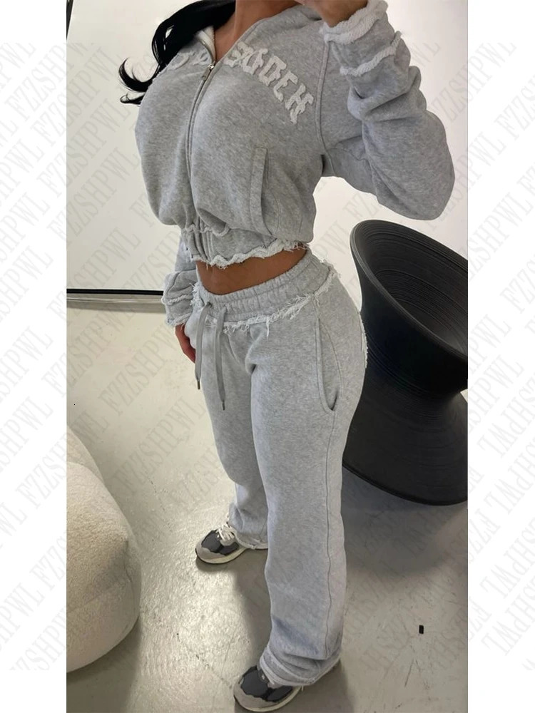 Fashion Grey Autumn Winter Set Punk Casual Retro Burr Street Burr Emo Girl Fairy Zipper Jacket Fashion Trousers 250102