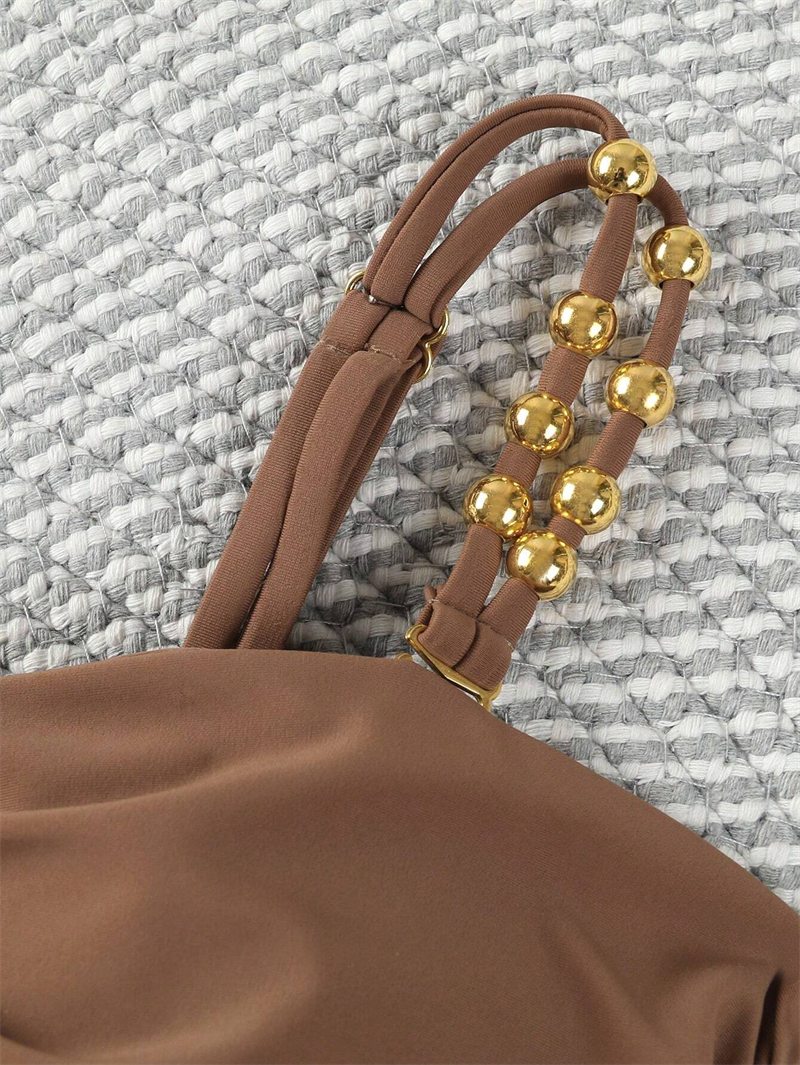Popular Gilding Buckle One Piece Swimsuit Women Sexy Low Cut Swimwear Patchwork Spaghetti Strap Bathing Suit Slimming Hollow Out Bodysuit Beachwear