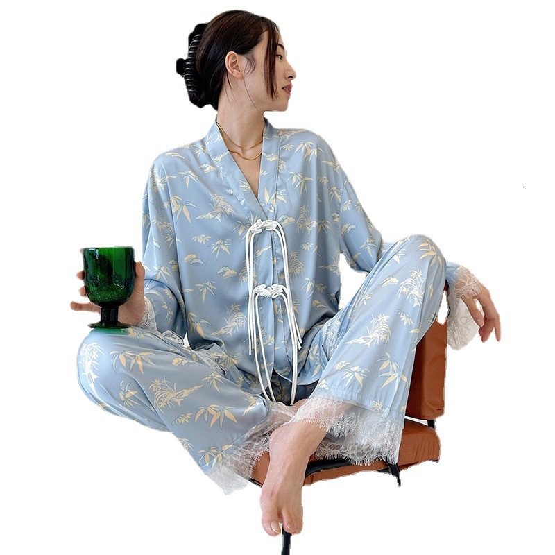 Spring Summer Chinese Style Silk Pamas Cool V Neck Light Blue High-grade Homewear Lace Trim Youth Lady's Loungewear Set