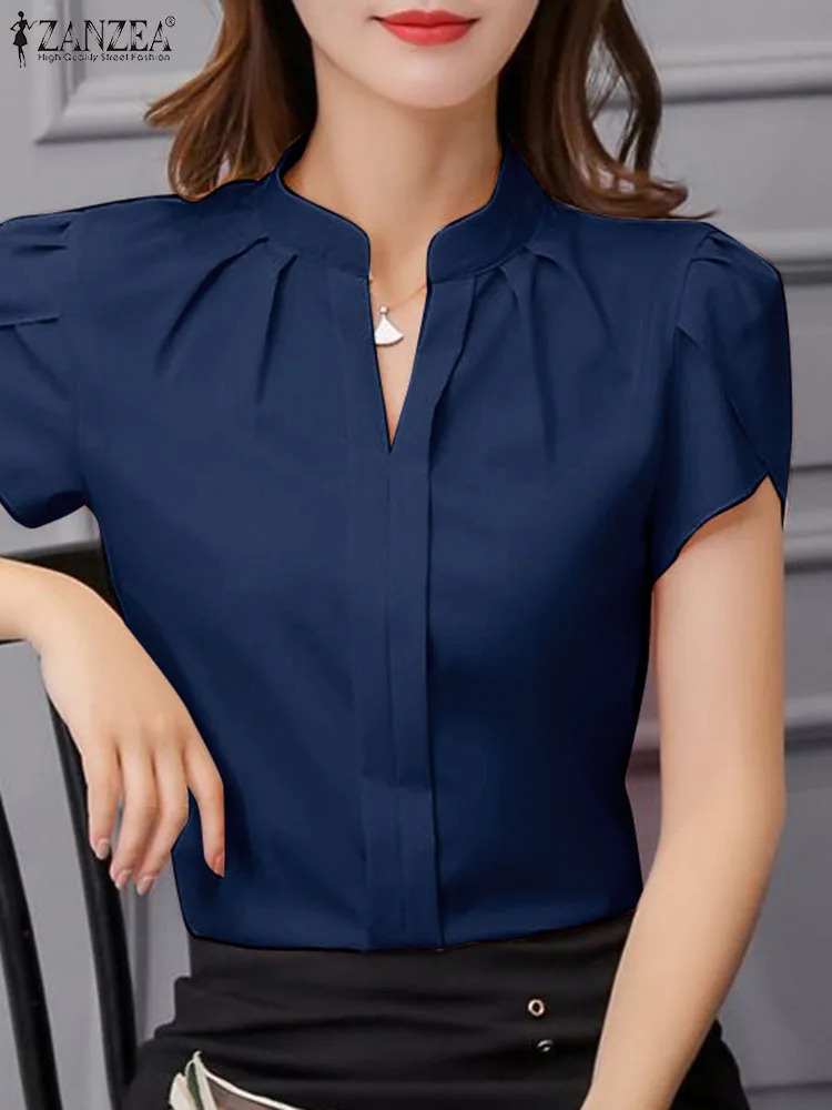 ZANZEA official office V-neck blue womens chiffon shirt elegant pleated short sleeved top summer solid pleated shirt 250102