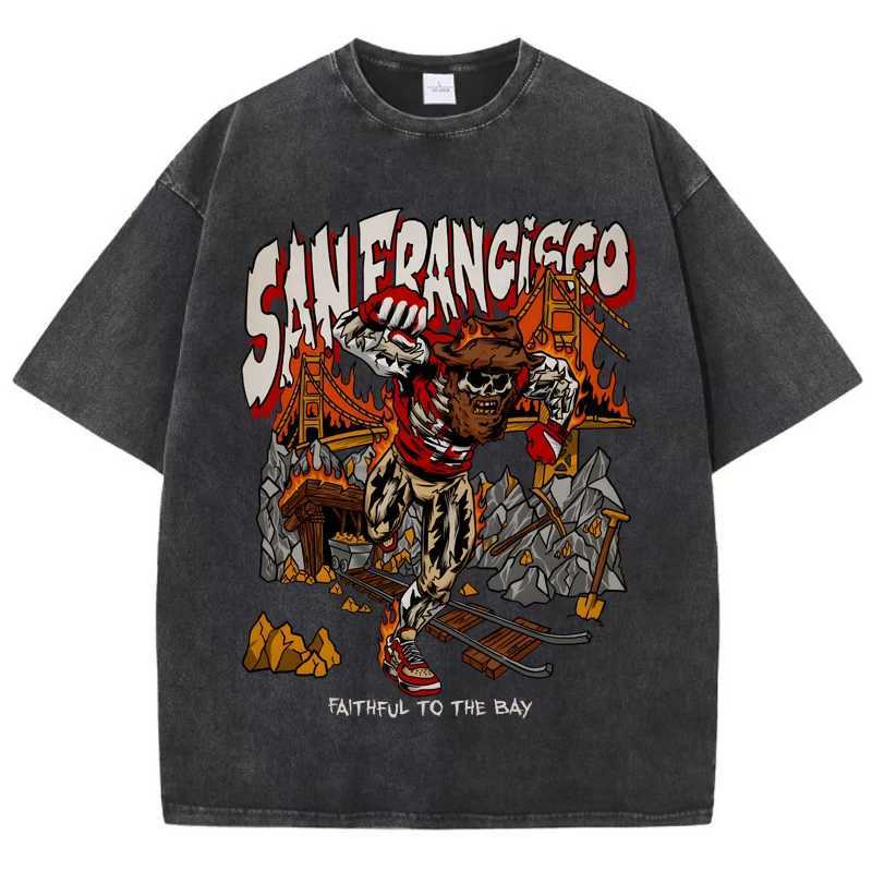 American Washed retro and worn out T-Shirt for men Women Loose Oversized Clothes San Francisco Skeleton Miner Graphic StreetwearXJ240102