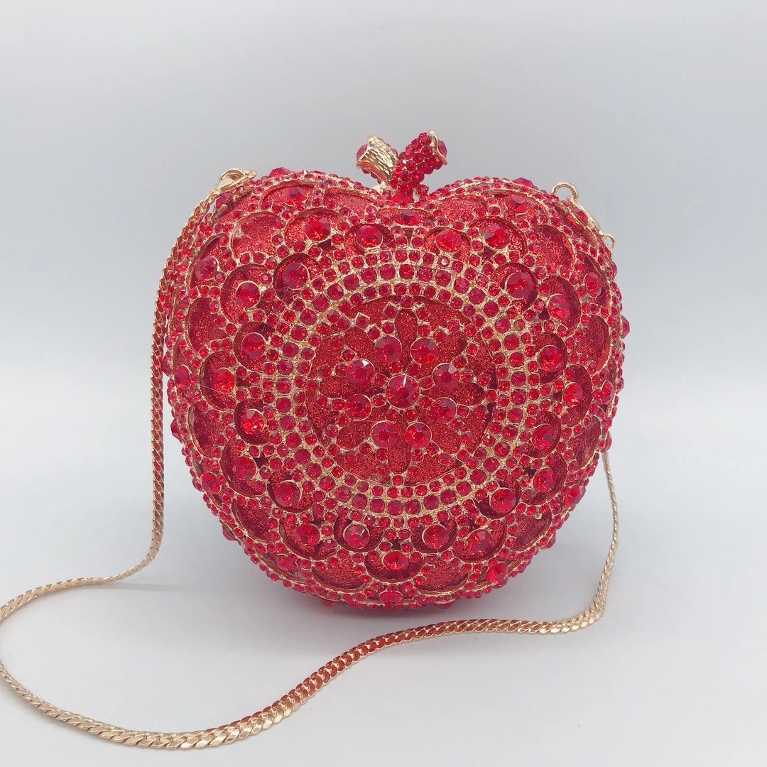 Luxury Red Apple Shape Clutch Design Rhinestone Wedding Handbag Women Gold Metal Evening Clutches Bag Mini Ladies Diamond Purses