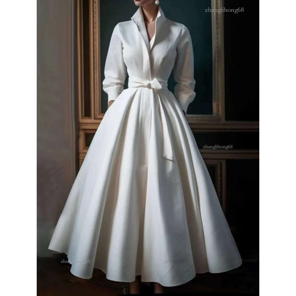 Elegant Womens Dress Casual Solid Color Stand Collar Shirt Mid-Length Waisted Evening Party Dress Womens Long Dress 2024X240912