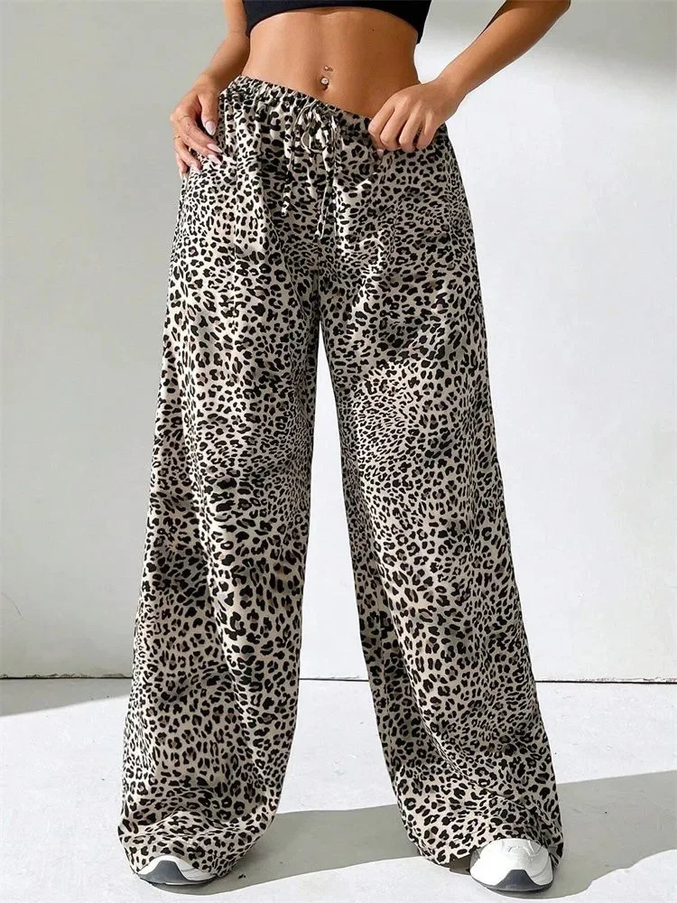 Leopard print wide leg pants womens winter Y2K elastic high waisted floor pants 250102