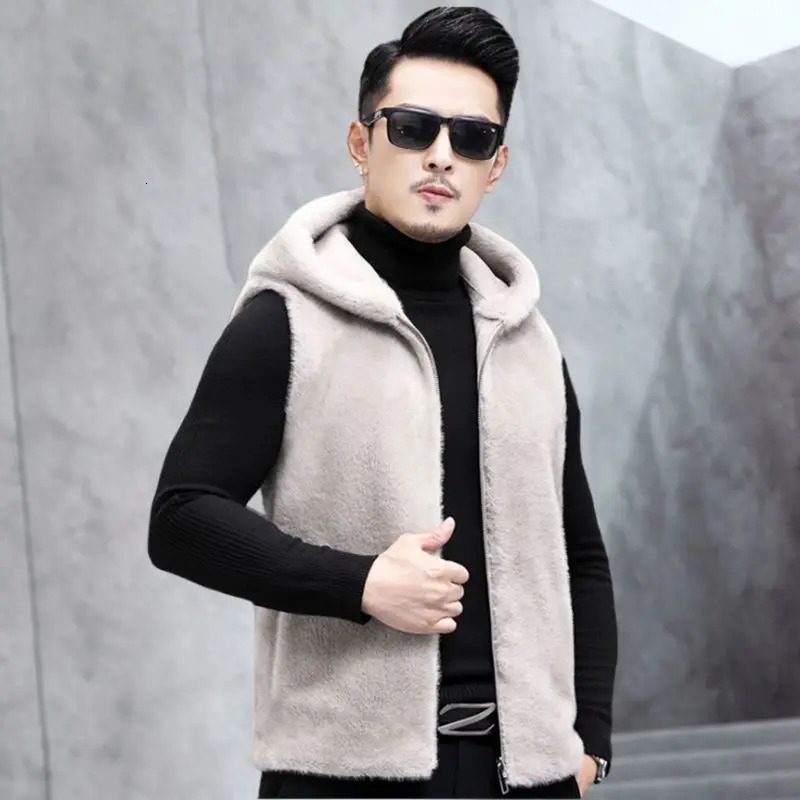 Men Autumn Winter Genuine Fur Warm Vest Male Real Sleeveless Coats Solid Color Hooded Jackets V01 241224
