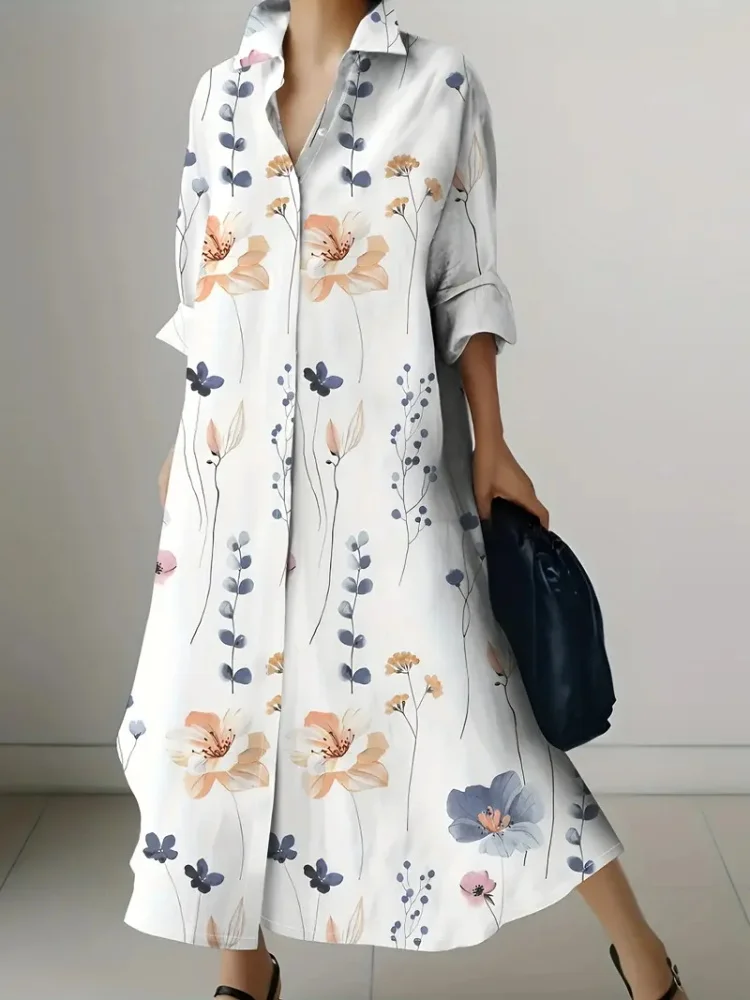 Fresh Autumn And Winter Flower Print Lapel Long Blouse Long Skirt 2024 Harajuku Street Temperament Long-sleeved Dress