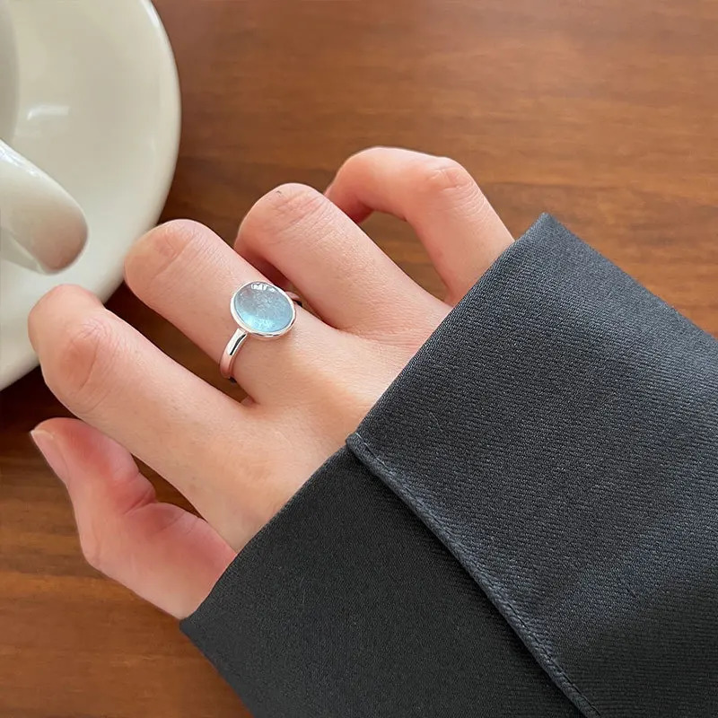 Silvology genuine 925 sterling silver oval aquamarine ring womens natural stone adjustable crystal ring luxurious and exquisite jewelry 250102