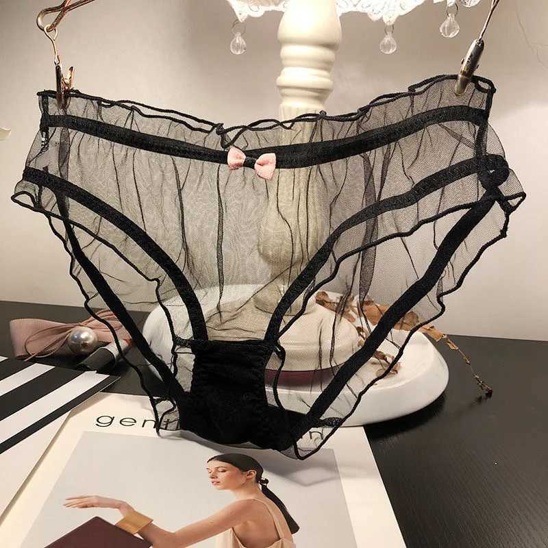 Women Sexy Transparent Panties Pink Bow Cotton Crotch Briefs Female Mesh Breathable Underwear Wave Edged Hollow Out UnderpantsXJ250103
