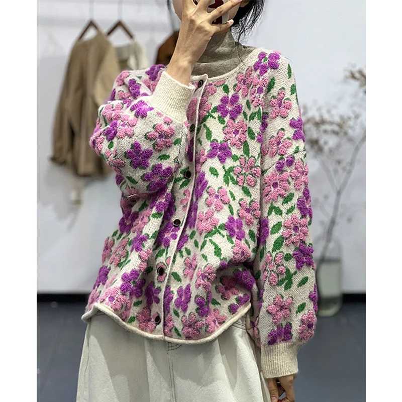 Autumn and winter knitted cardigan wool womens flower sweater knitted jacket round neck single chest knitted loose fit suitable for casual sweaters M2