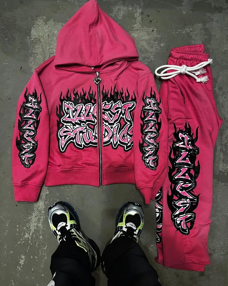 American Gothic Trend Gothic Letter Printing Oversized Sweatshirt Set Mens Fashion Casual Loose Pants Zipper Sweatshirt 250102