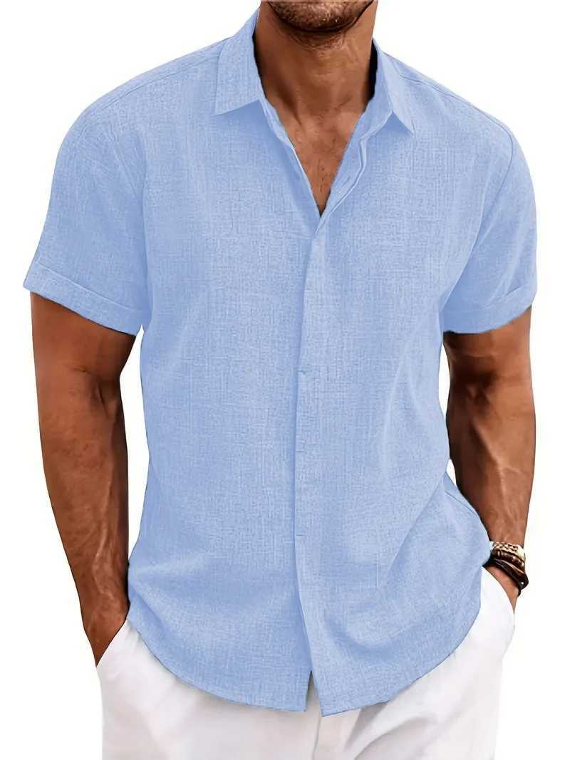 Mens solid color short sleeved summer solid color lapel casual beach style open top polyester shirt W250102