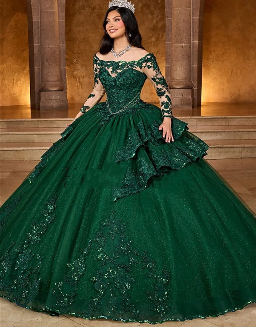 Emerald Green Sequins Quinceanera Dresses 2025 Off-Shoulder Bow Lace Beads Princess Corset Ball Gowns Birthday Princess Gowns Vestidos De 15 Anos Sweet 16