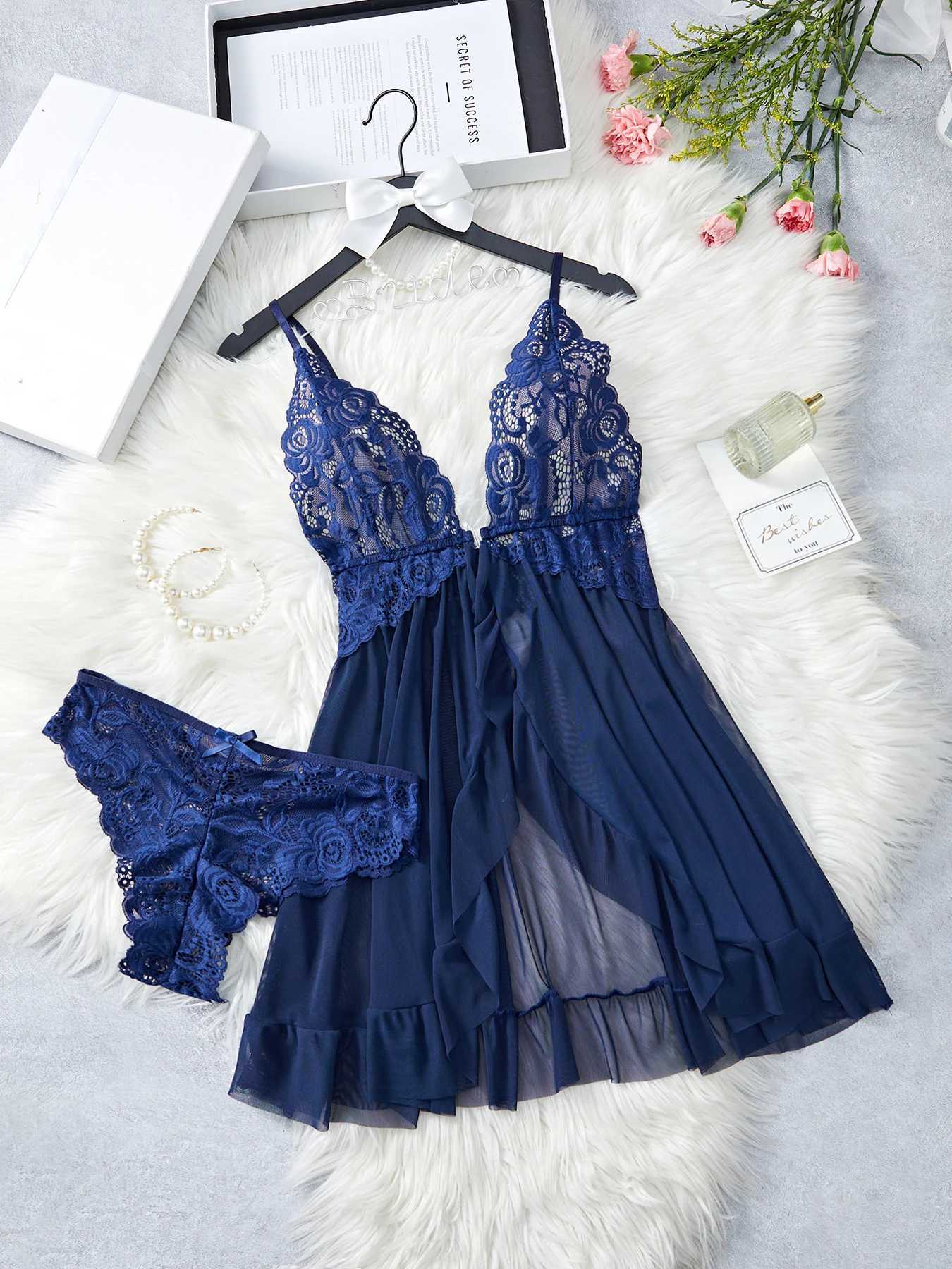 Erotic Blue Strap Nightgown thong set lingerie transparent lace womens mini deep V-dress tight fitting sexy lingerie sex clothing W250103