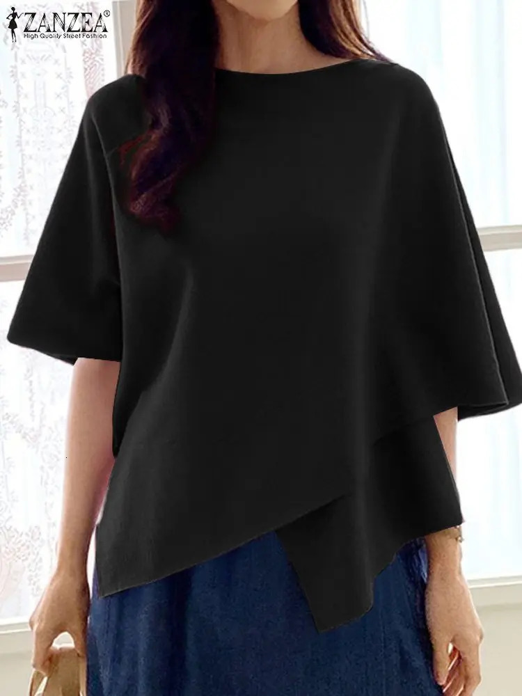 ZANZEA Womens Fashion Shirt Fashion 3/4 Sleeve Ruffle Bottom Top Summer Round Neck Loose Blusa Elegant Irregular Work Tuning 250102