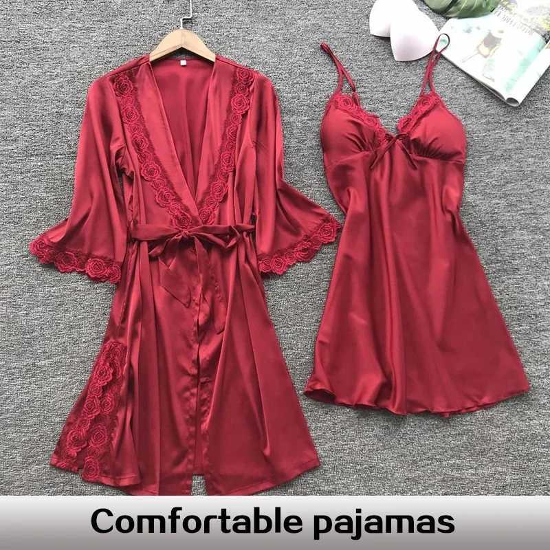 2PCS Leepwear Womens Pajama Set Satin Home Pajama Lace Pajama V-neck Wedding Pajama W250103