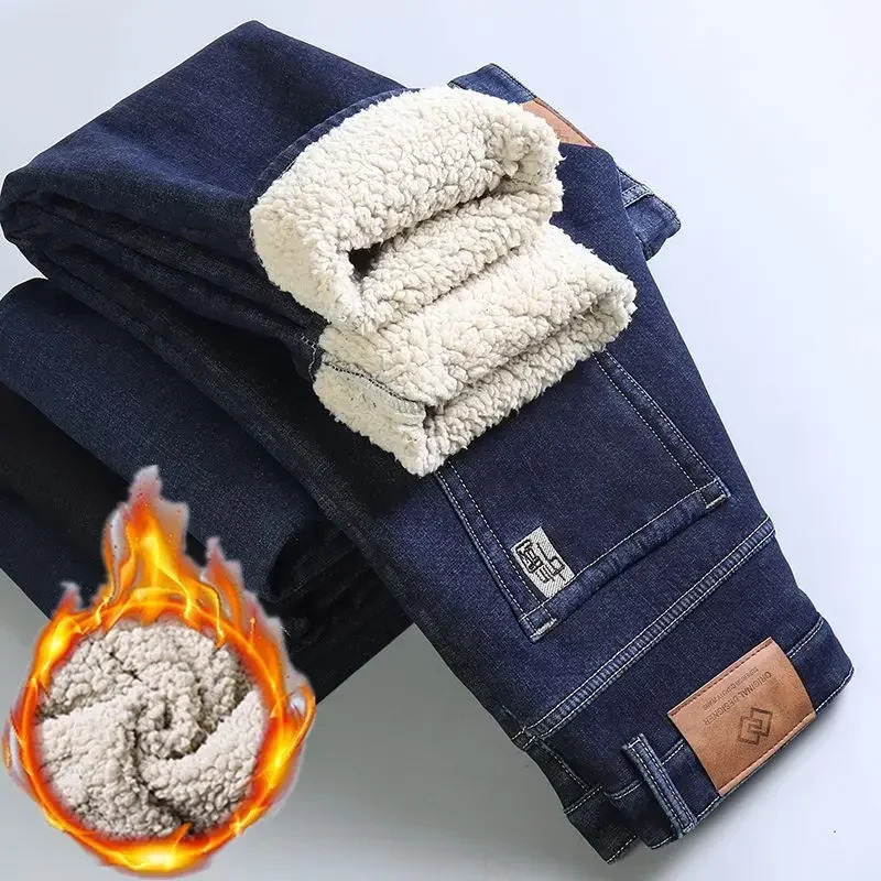 Winter Warm Fleece Jeans Men Straight Stretch Thick Casual Thermal Denim Pants Male Business Work Trousers Men Clothing 241230