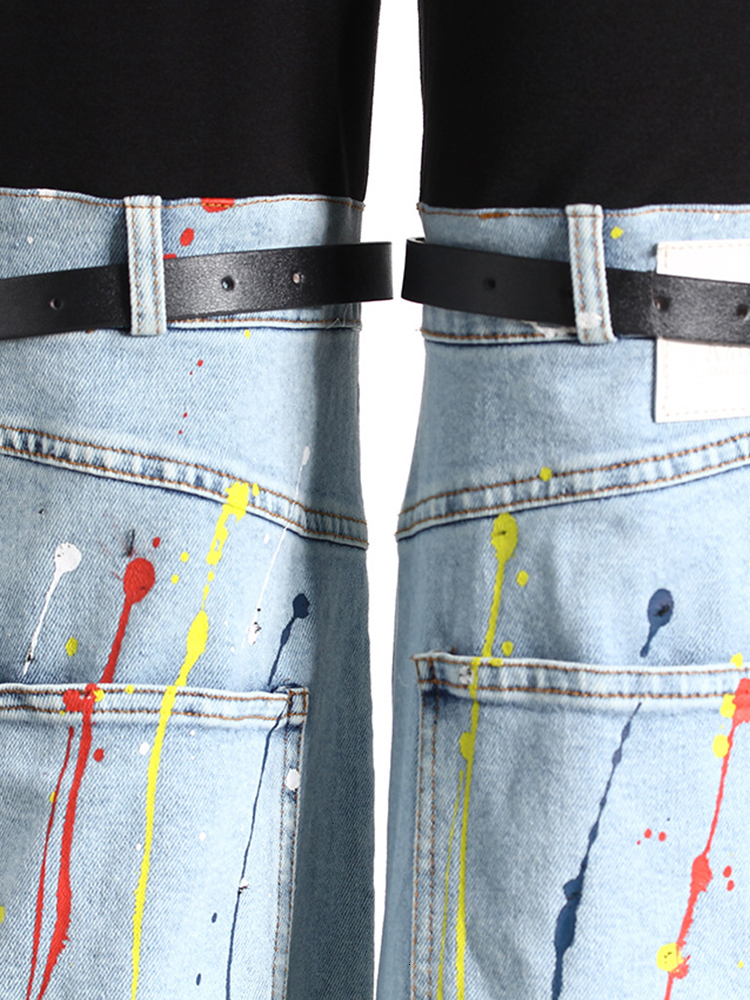 TWOTWINSTYLE Hit Color Temperament Spliced Belt Denim Pants For Women High Waist Casual Jeans Female Fashion Style Clothes New