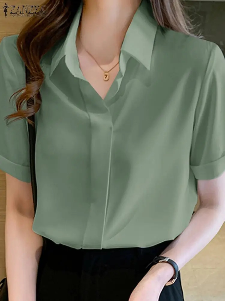 Womens Summer Top Elegant Solid Shirt ZANZEA Casual Collar Short Sleeve Office Womens Work Blusas Women OL Tuning Chemicals 250102
