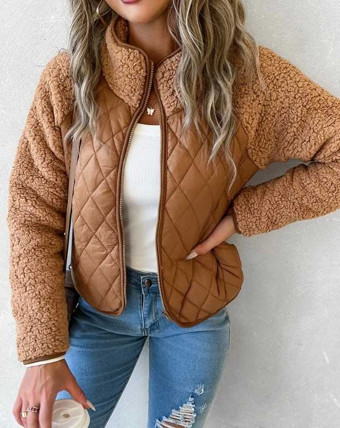 Winter Womens Zipper Design Patch Work Teddy Puff Coat Temperature Womens Clothing Casual Long Sleeve Jacket M250103